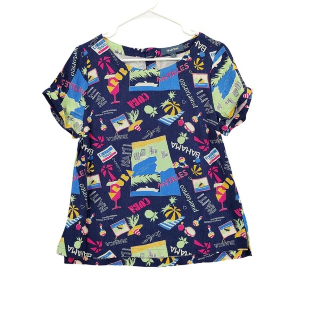 ModCloth Womens Coastal Resort Caribbean Souvenir Linen Blend Top L Navy Beach